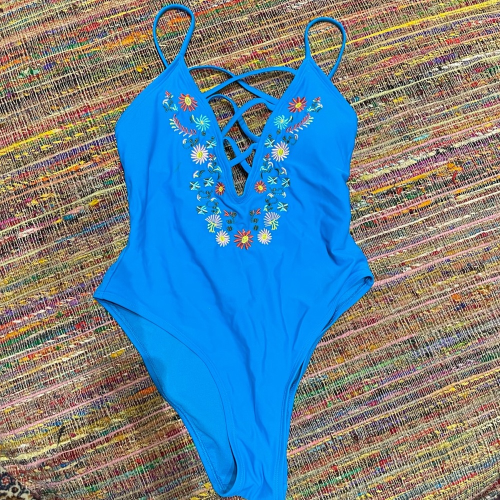Gianni Bini Cross Front Swimsuit with Embroidery